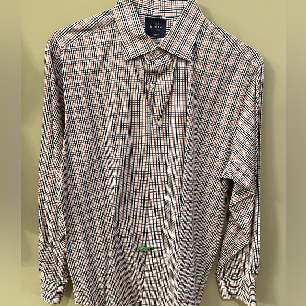 Near North Clothiers dress shirt with straight collar in orange and navy pattern